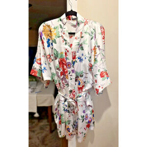 Natori White Floral Satin Robe & Slip Dress Set Women’s Small 2-Piece Lounge